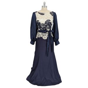 30093 Tahari Lace Satin Maxi Dress Blue White size 8 cottagecore bohemian formal